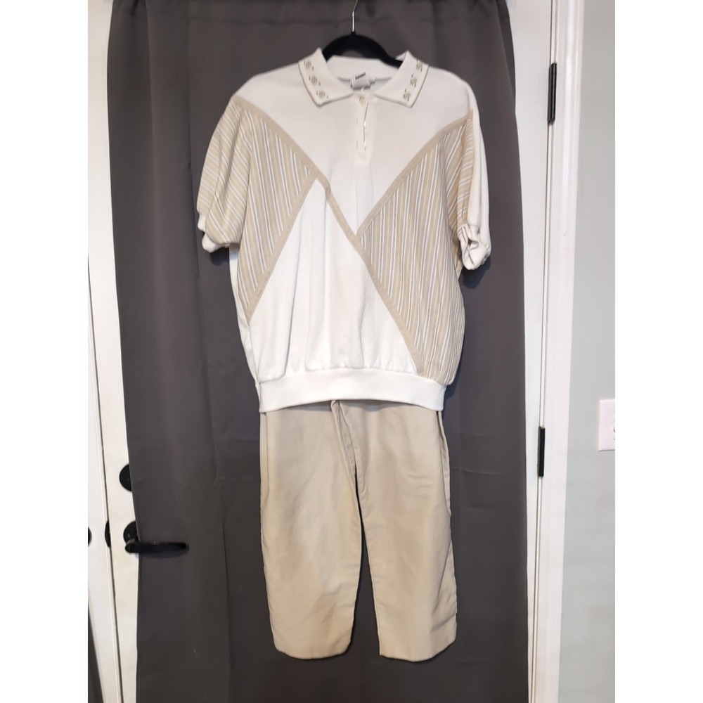 Cricket Lane 2 Piece Set, Women's Large Polo‎ Shirt & Pants, White Tan Geometric